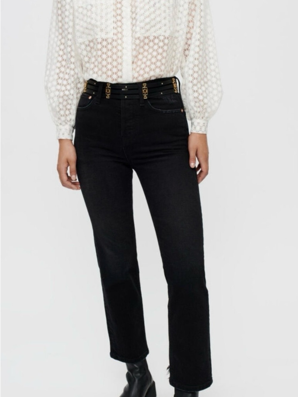 Maje Black Straight-Leg High-Rise Jeans with Gold Hardware stretch size medium